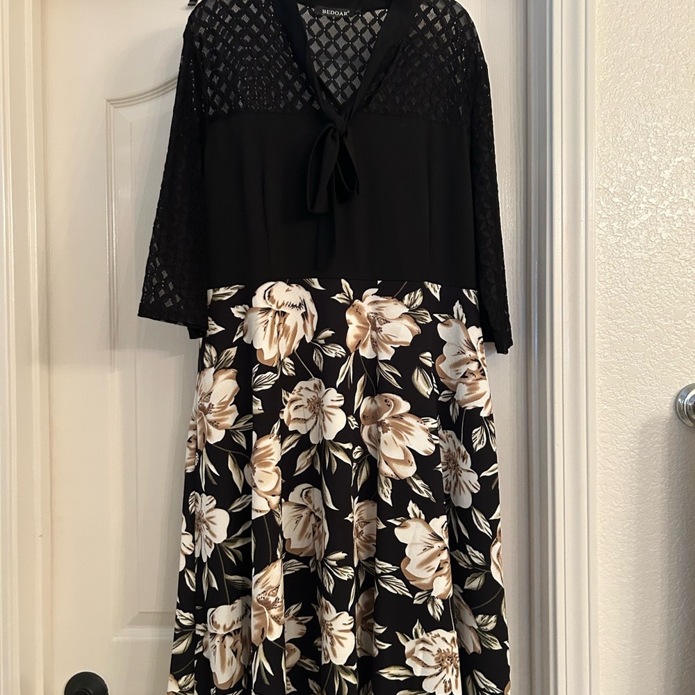 Black and Cream Fit and Flare Long Sleeve Dress